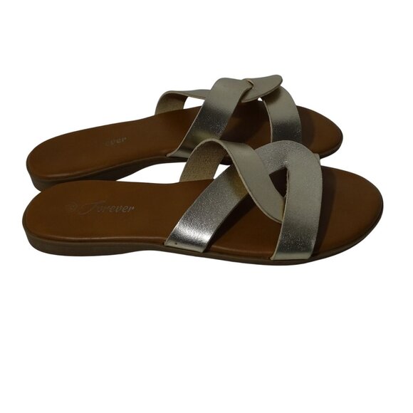 Forever Gold Open Toe Slip On Sandals Flats Women Size 7.5 Faux Leather Straps - Picture 3 of 5